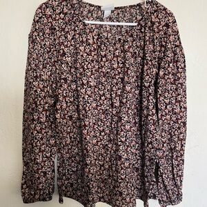 Ava & Viv Floral Blouse XL Black Pink Long Sleeve Boho Flowy Top